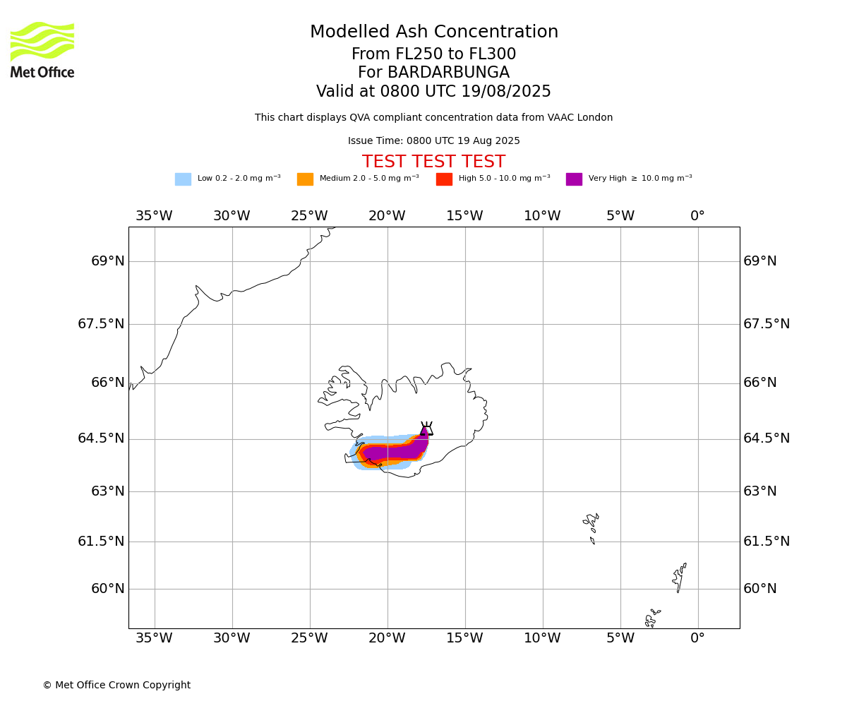 Modelled ash concentration from 250 to 300 for BARDARBUNGA. Valid at 0800 UTC 19/08/2025