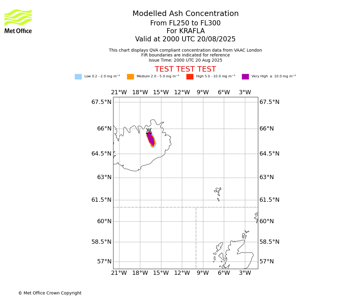 Modelled ash concentration from 250 to 300 for KRAFLA. Valid at 2000 UTC 20/08/2025