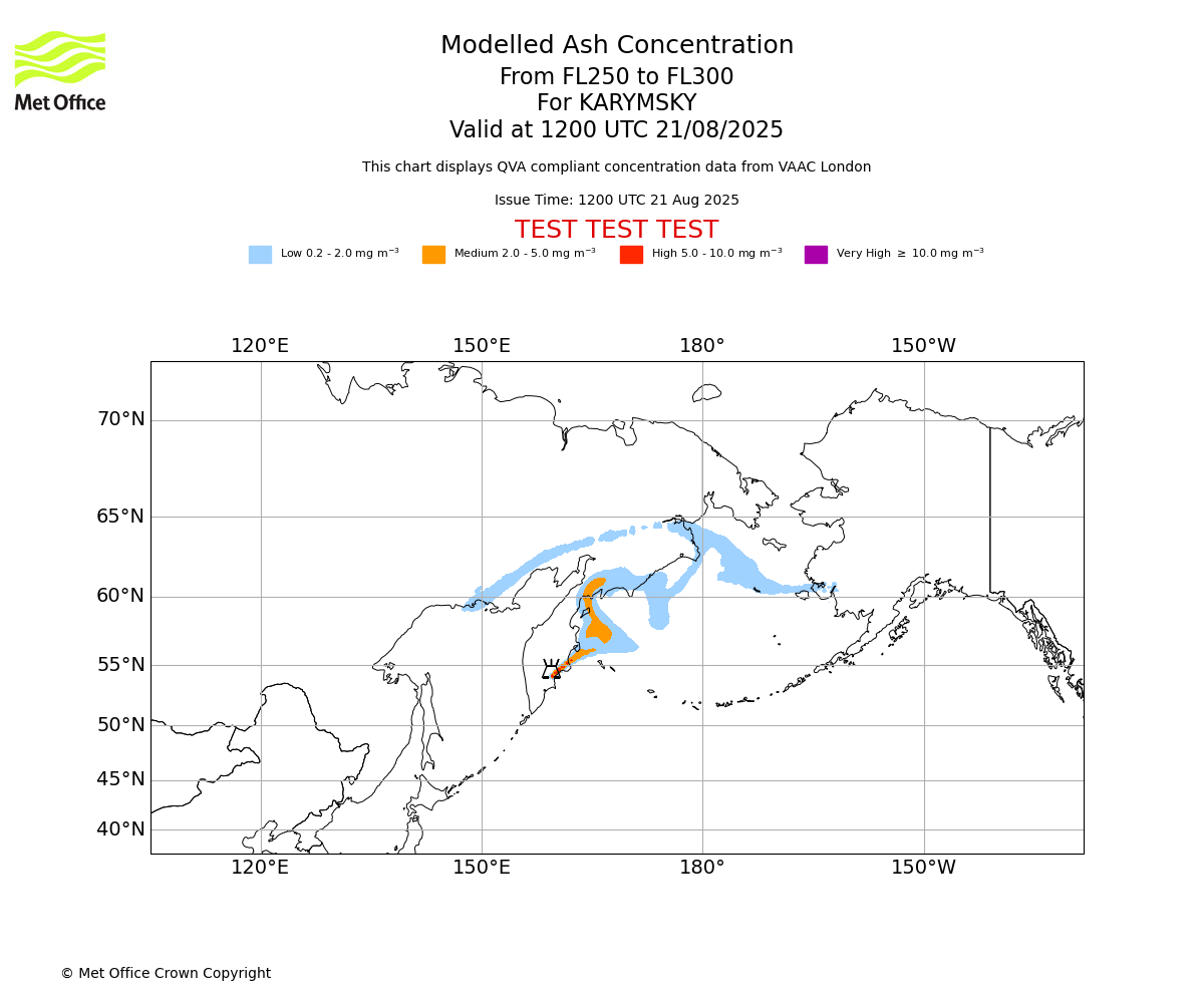 Modelled ash concentration from 250 to 300 for KARYMSKY. Valid at 1200 UTC 21/08/2025
