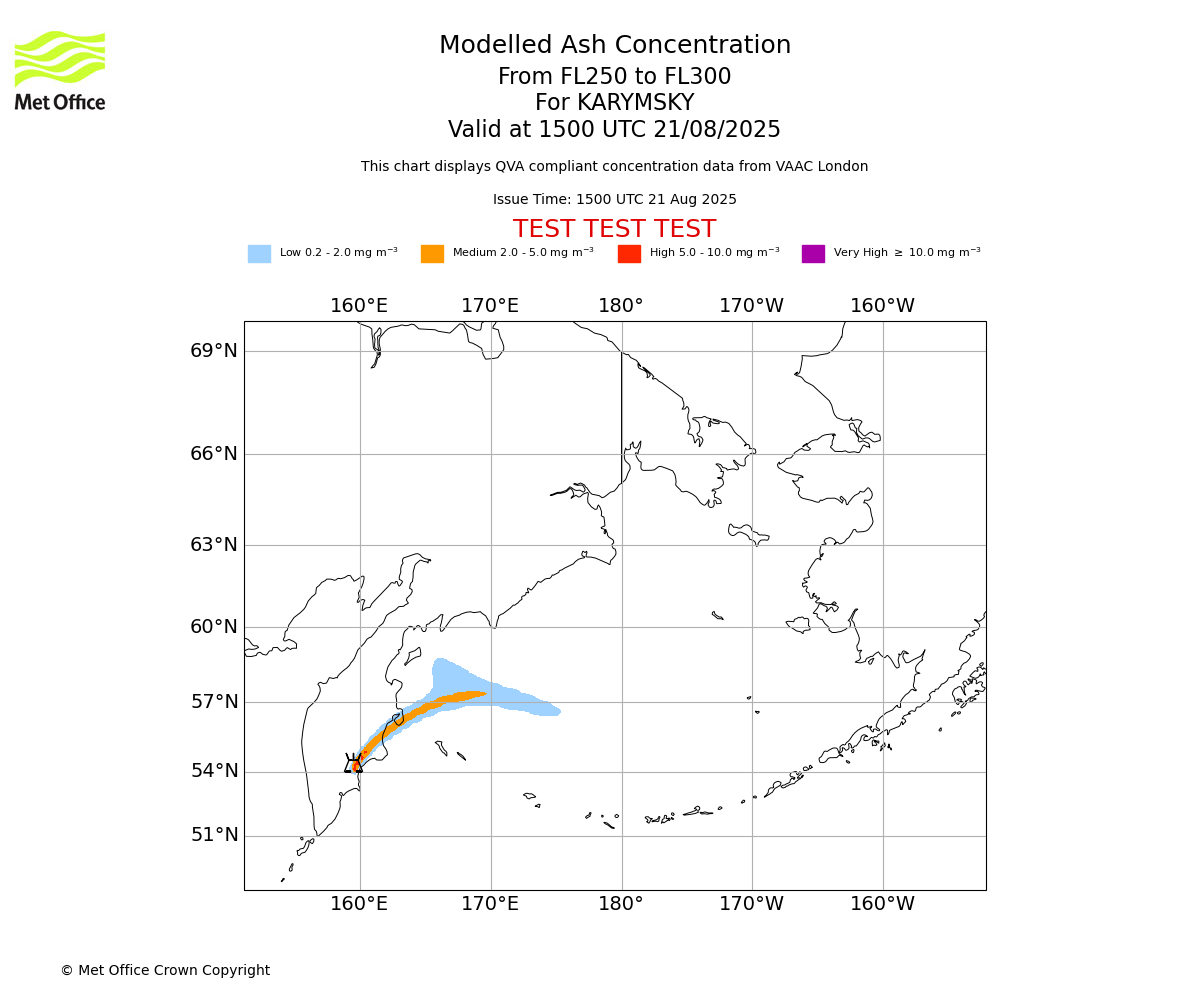 Modelled ash concentration from 250 to 300 for KARYMSKY. Valid at 1500 UTC 21/08/2025