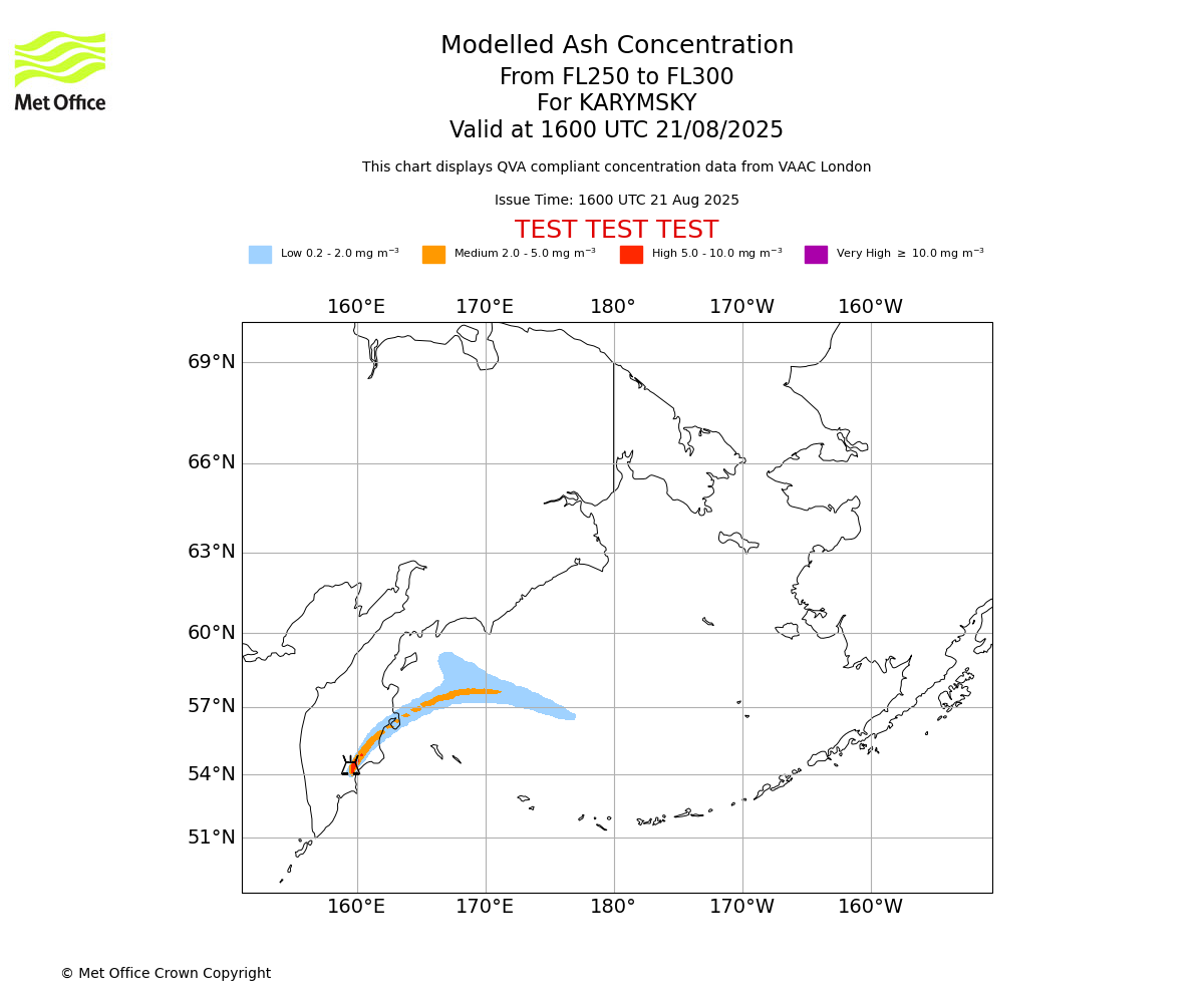 Modelled ash concentration from 250 to 300 for KARYMSKY. Valid at 1600 UTC 21/08/2025