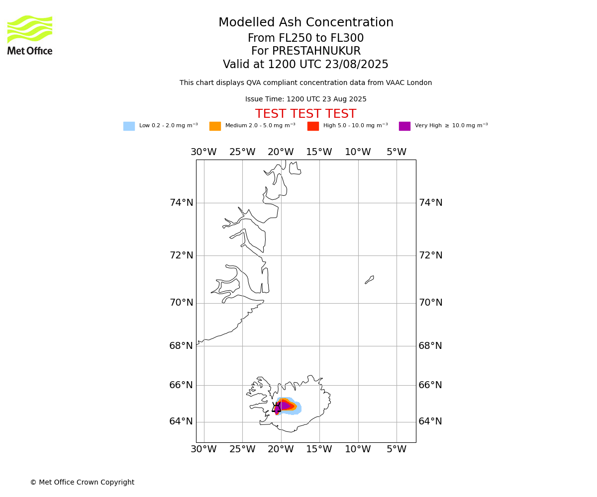 Modelled ash concentration from 250 to 300 for PRESTAHNUKUR. Valid at 1200 UTC 23/08/2025