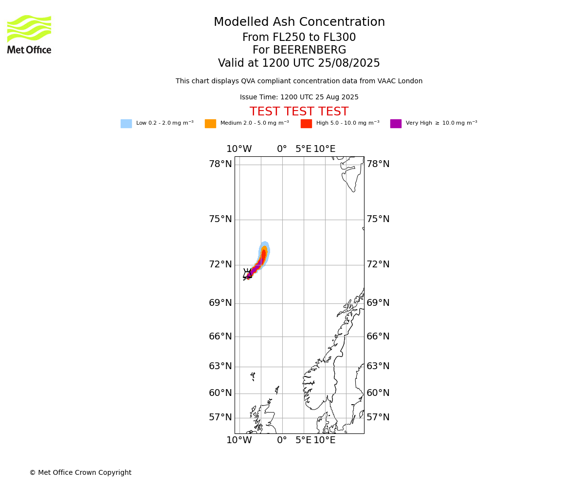 Modelled ash concentration from 250 to 300 for BEERENBERG. Valid at 1200 UTC 25/08/2025