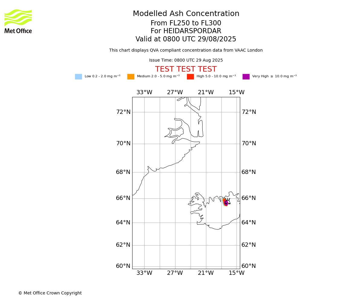 Modelled ash concentration from 250 to 300 for HEIDARSPORDAR. Valid at 0800 UTC 29/08/2025