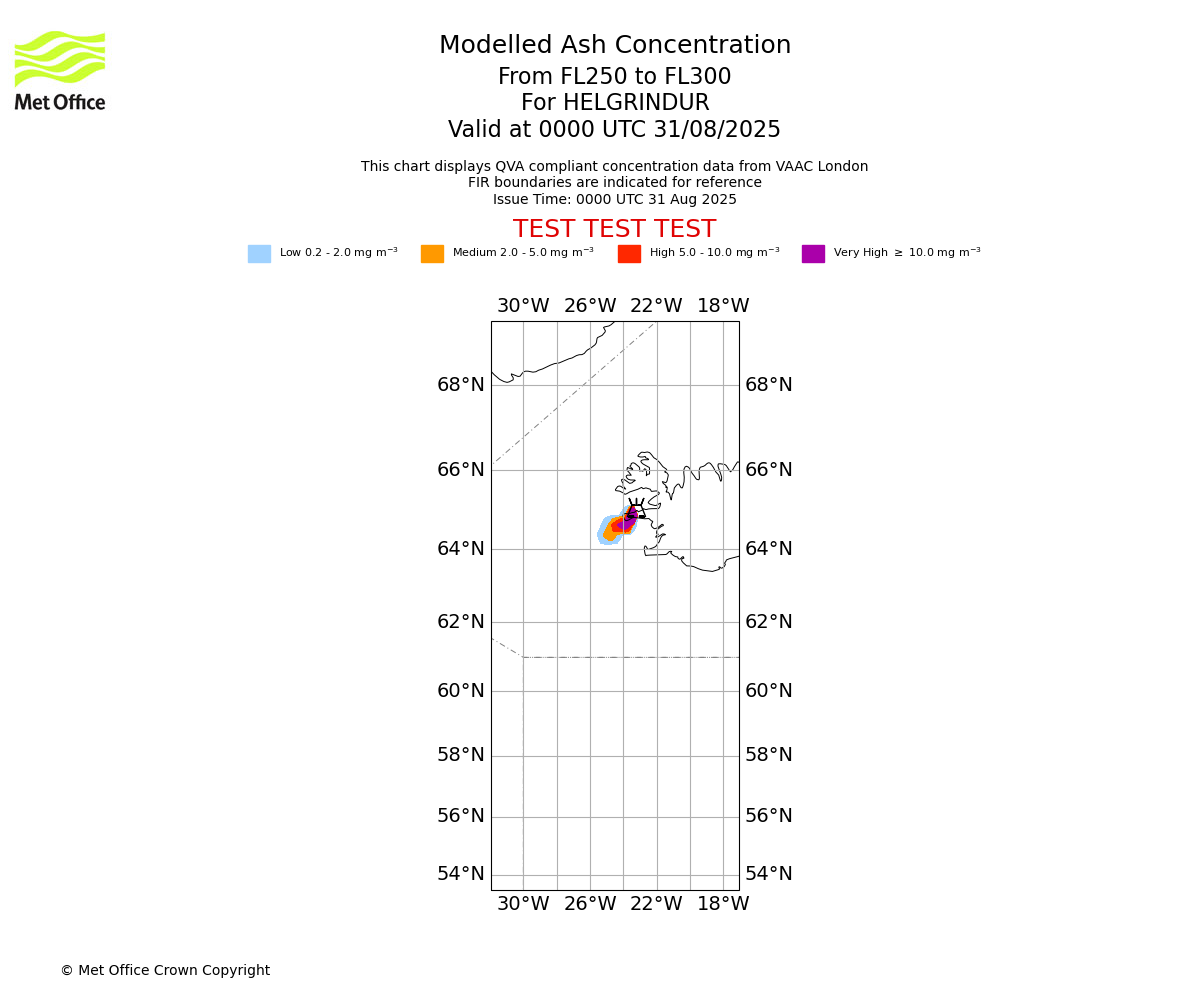Modelled ash concentration from 250 to 300 for HELGRINDUR. Valid at 0000 UTC 31/08/2025