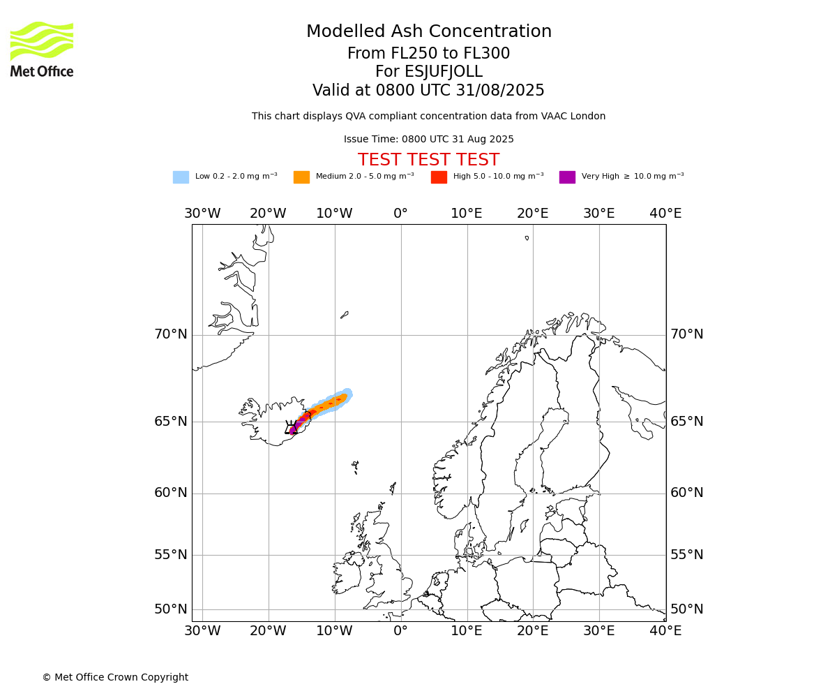 Modelled ash concentration from 250 to 300 for ESJUFJOLL. Valid at 0800 UTC 31/08/2025