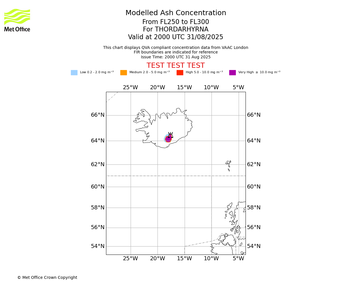 Modelled ash concentration from 250 to 300 for THORDARHYRNA. Valid at 2000 UTC 31/08/2025