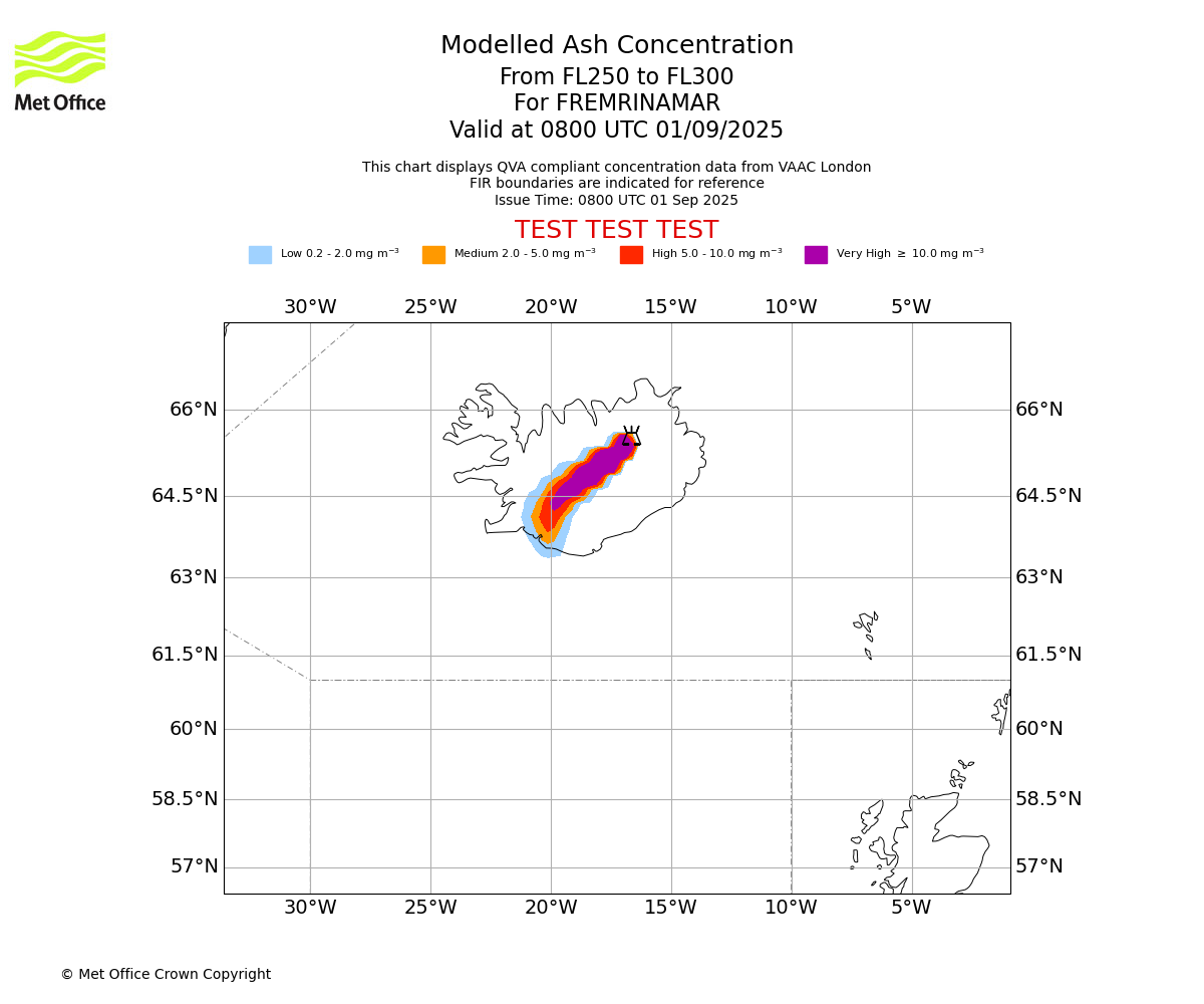 Modelled ash concentration from 250 to 300 for FREMRINAMAR. Valid at 0800 UTC 01/09/2025