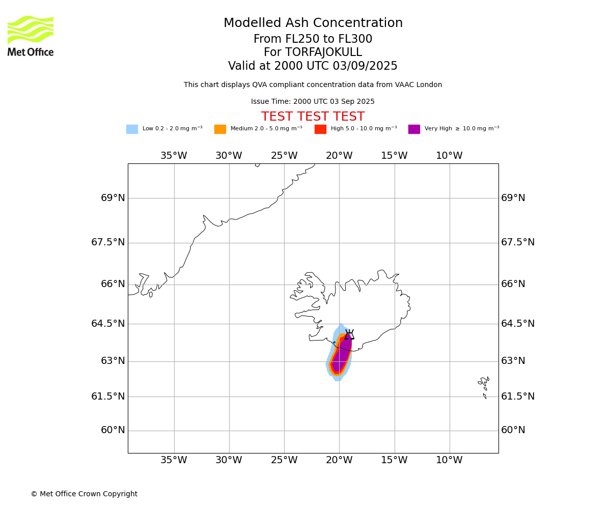 Modelled ash concentration from 250 to 300 for TORFAJOKULL. Valid at 2000 UTC 03/09/2025