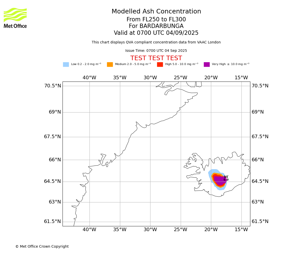 Modelled ash concentration from 250 to 300 for BARDARBUNGA. Valid at 0700 UTC 04/09/2025