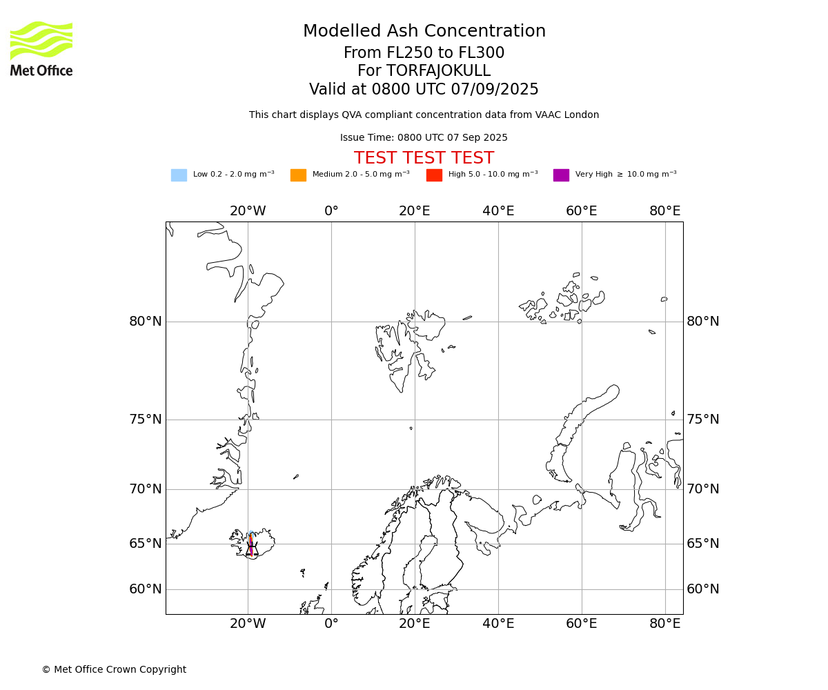 Modelled ash concentration from 250 to 300 for TORFAJOKULL. Valid at 0800 UTC 07/09/2025