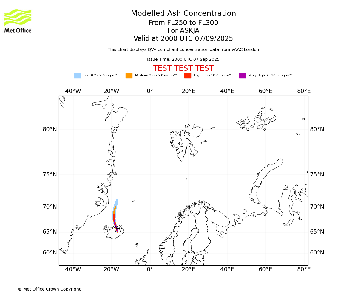 Modelled ash concentration from 250 to 300 for ASKJA. Valid at 2000 UTC 07/09/2025