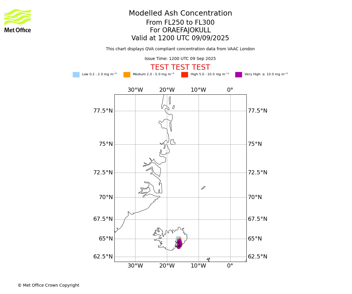 Modelled ash concentration from 250 to 300 for ORAEFAJOKULL. Valid at 1200 UTC 09/09/2025
