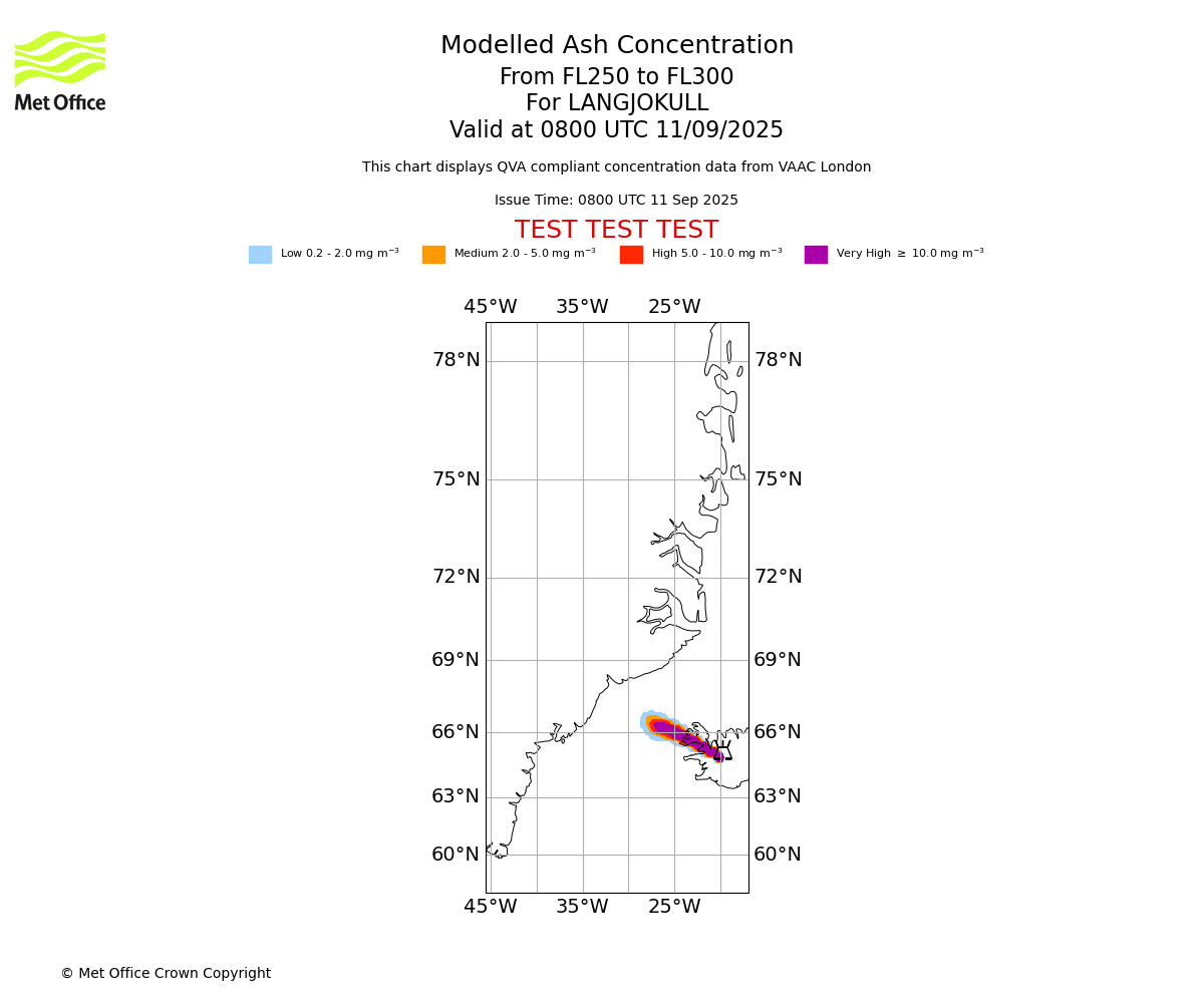Modelled ash concentration from 250 to 300 for LANGJOKULL. Valid at 0800 UTC 11/09/2025