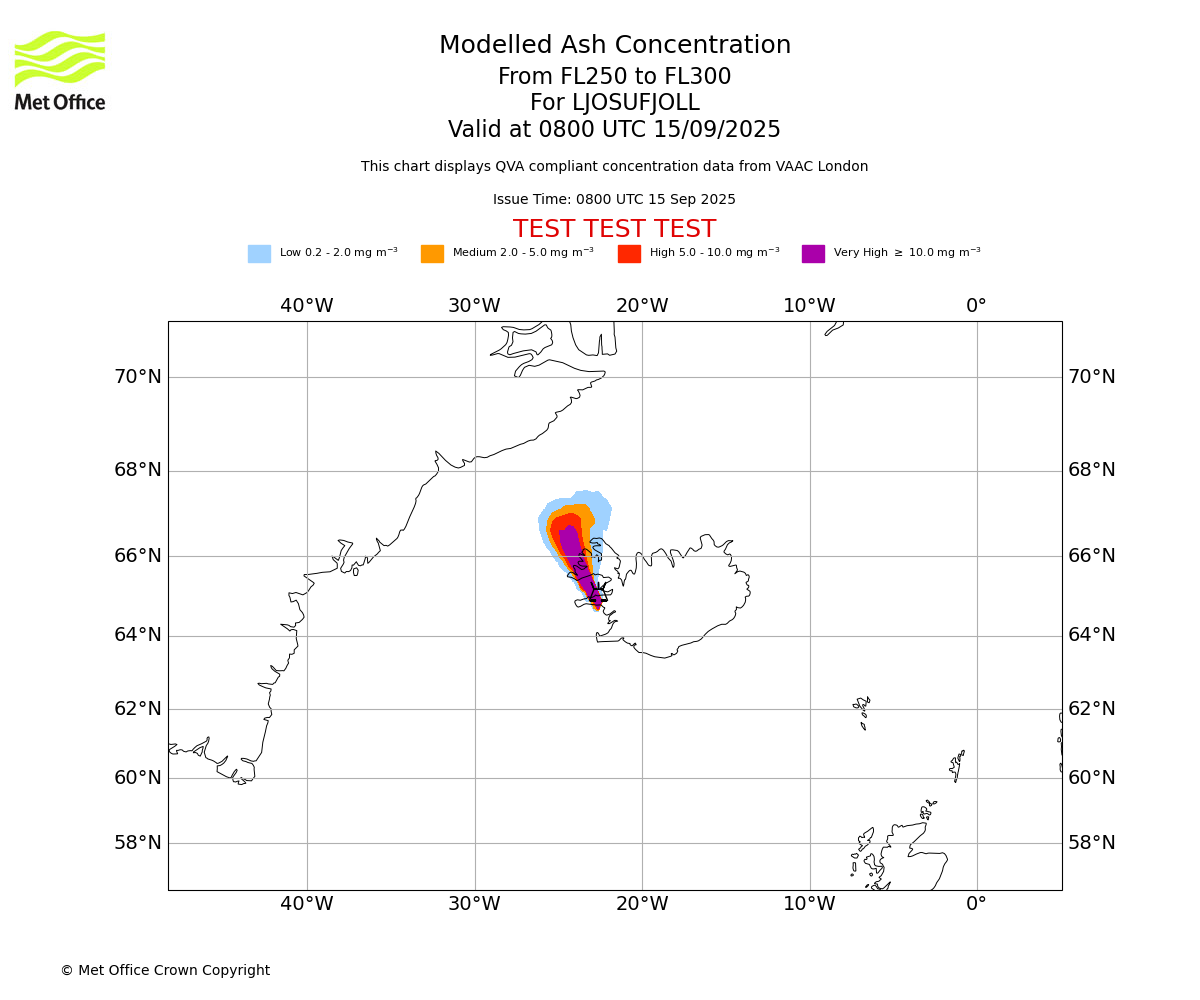 Modelled ash concentration from 250 to 300 for LJOSUFJOLL. Valid at 0800 UTC 15/09/2025