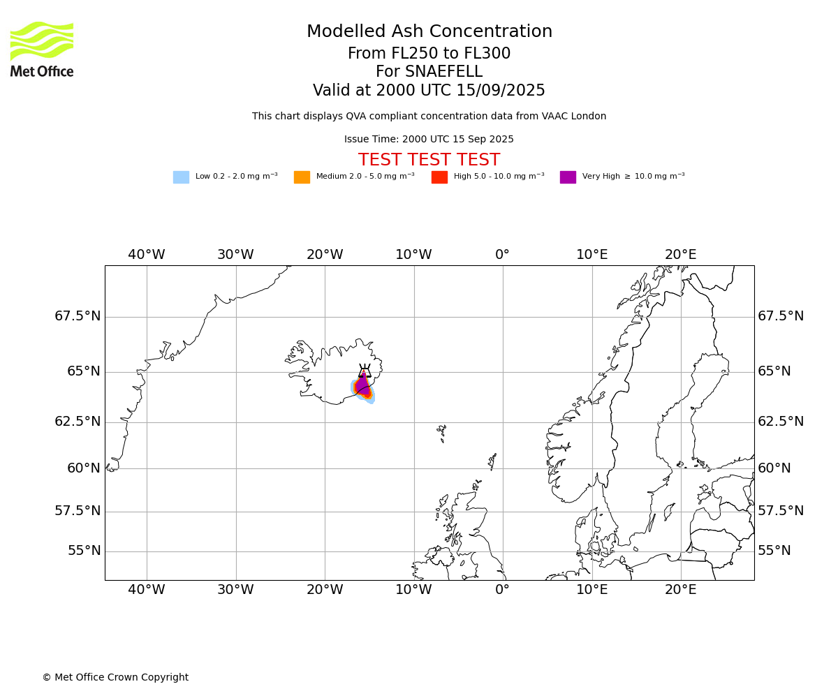 Modelled ash concentration from 250 to 300 for SNAEFELL. Valid at 2000 UTC 15/09/2025