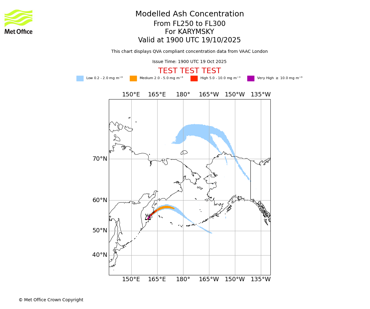 Modelled ash concentration from 250 to 300 for KARYMSKY. Valid at 1900 UTC 19/10/2025