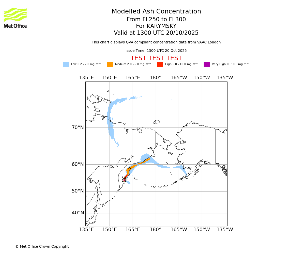 Modelled ash concentration from 250 to 300 for KARYMSKY. Valid at 1300 UTC 20/10/2025