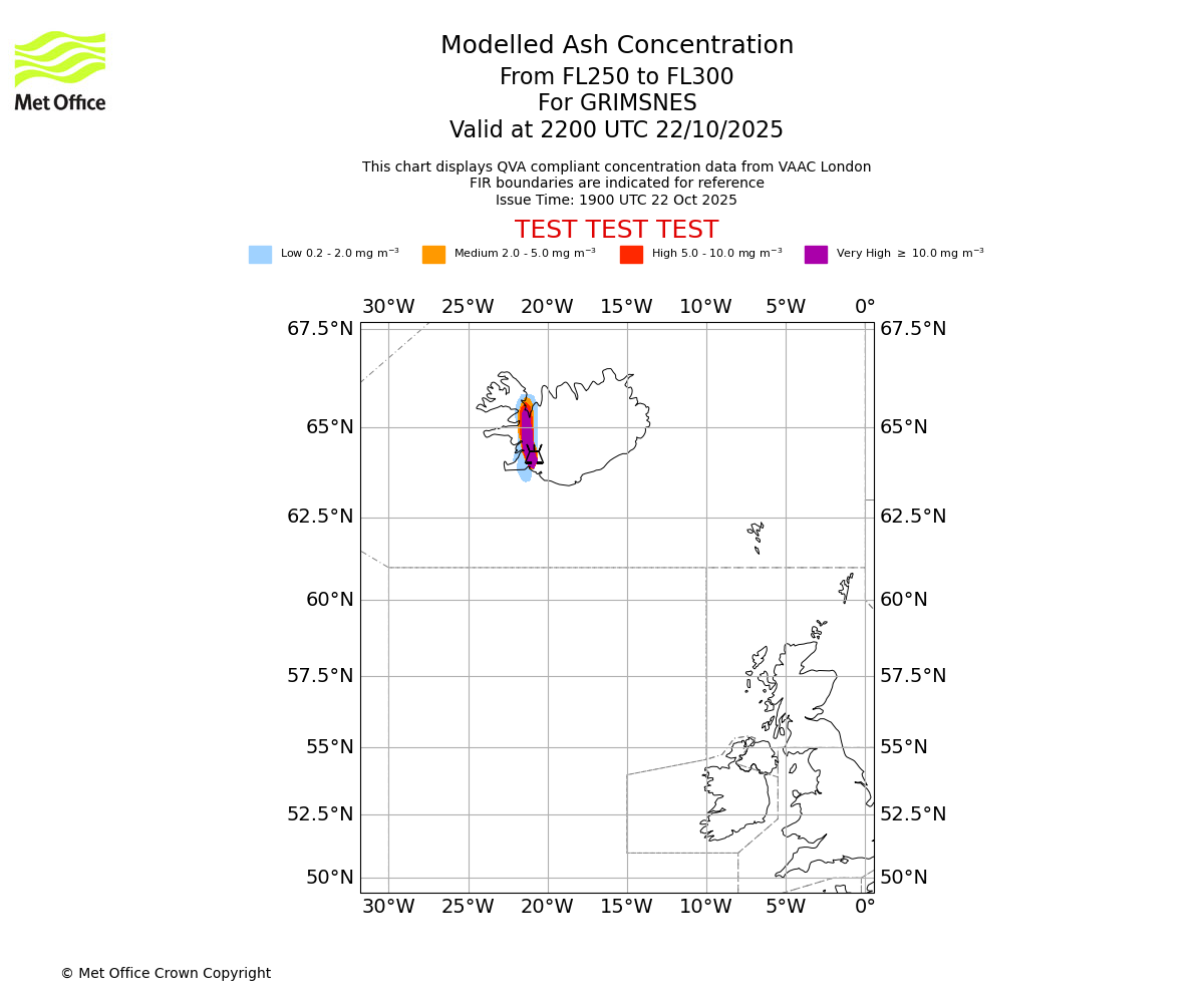 Modelled ash concentration from 250 to 300 for GRIMSNES. Valid at 2200 UTC 22/10/2025