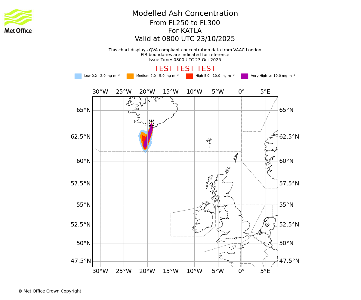 Modelled ash concentration from 250 to 300 for KATLA. Valid at 0800 UTC 23/10/2025