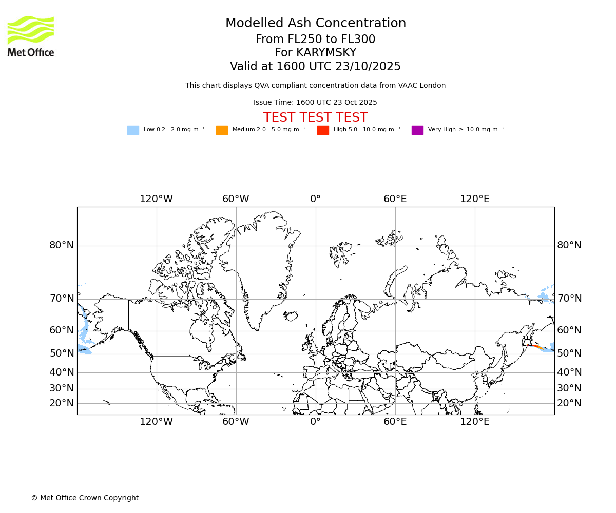 Modelled ash concentration from 250 to 300 for KARYMSKY. Valid at 1600 UTC 23/10/2025