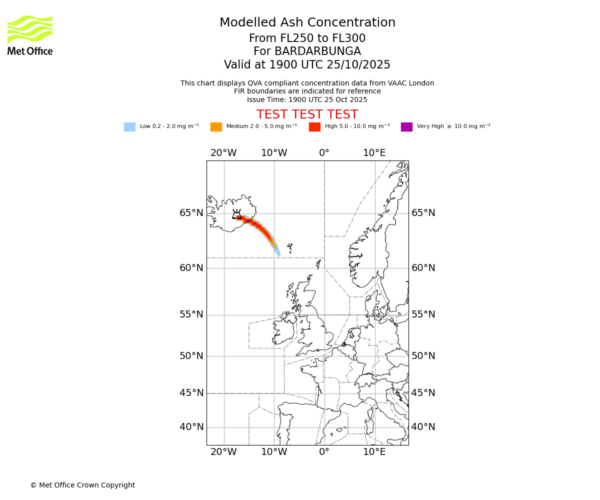 Modelled ash concentration from 250 to 300 for BARDARBUNGA. Valid at 1900 UTC 25/10/2025