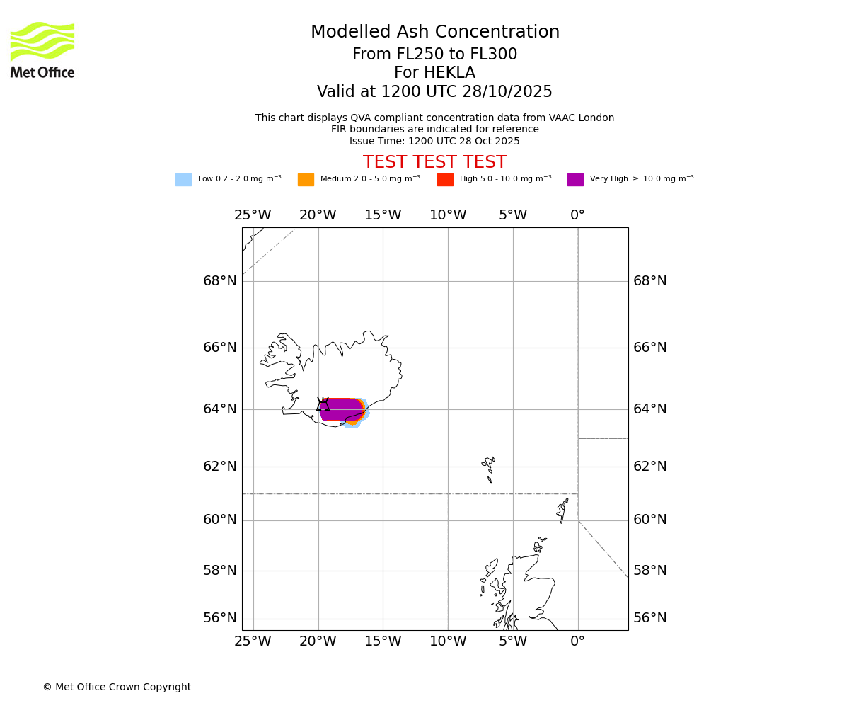 Modelled ash concentration from 250 to 300 for HEKLA. Valid at 1200 UTC 28/10/2025