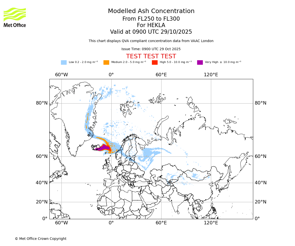 Modelled ash concentration from 250 to 300 for HEKLA. Valid at 0900 UTC 29/10/2025