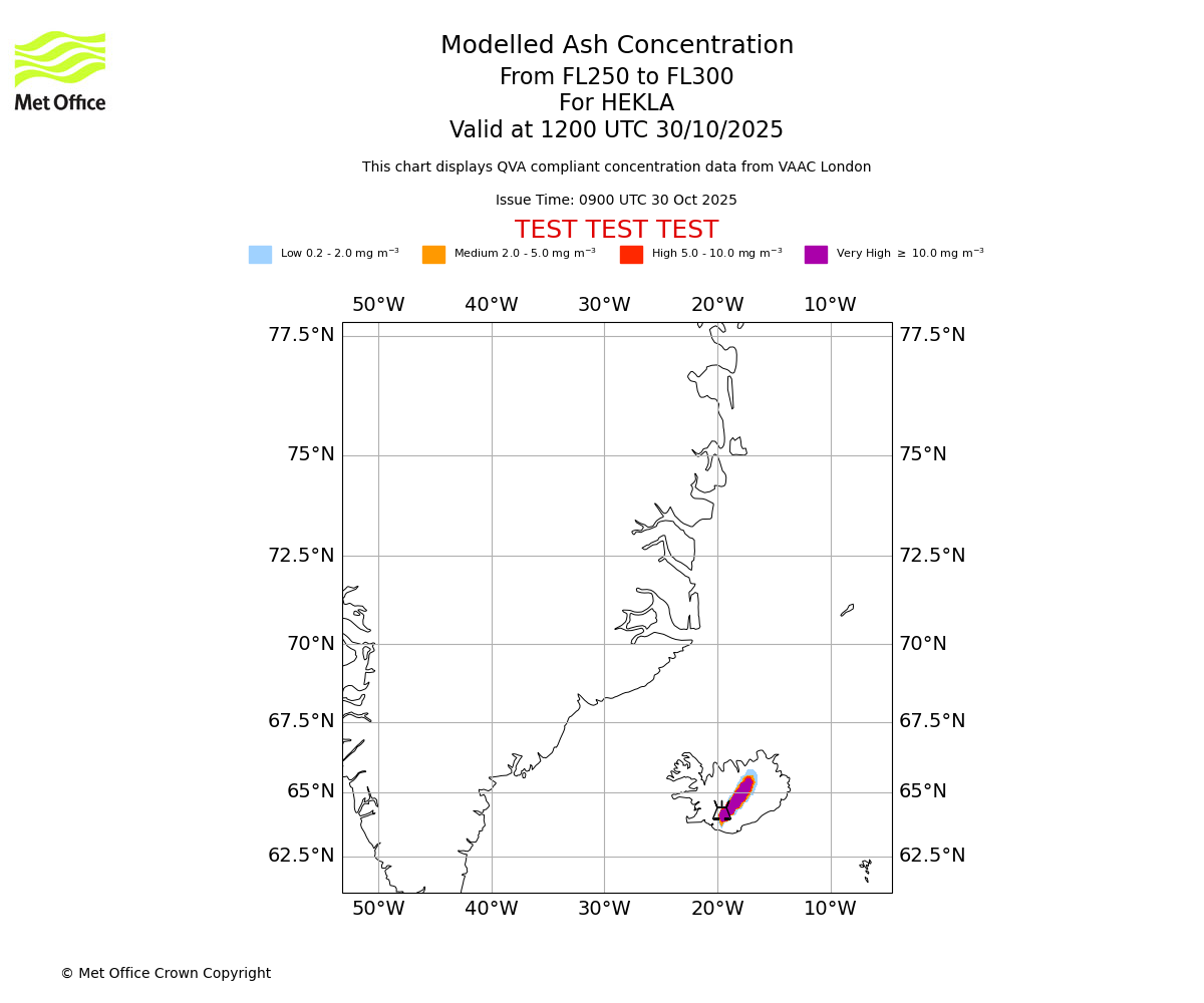 Modelled ash concentration from 250 to 300 for HEKLA. Valid at 1200 UTC 30/10/2025