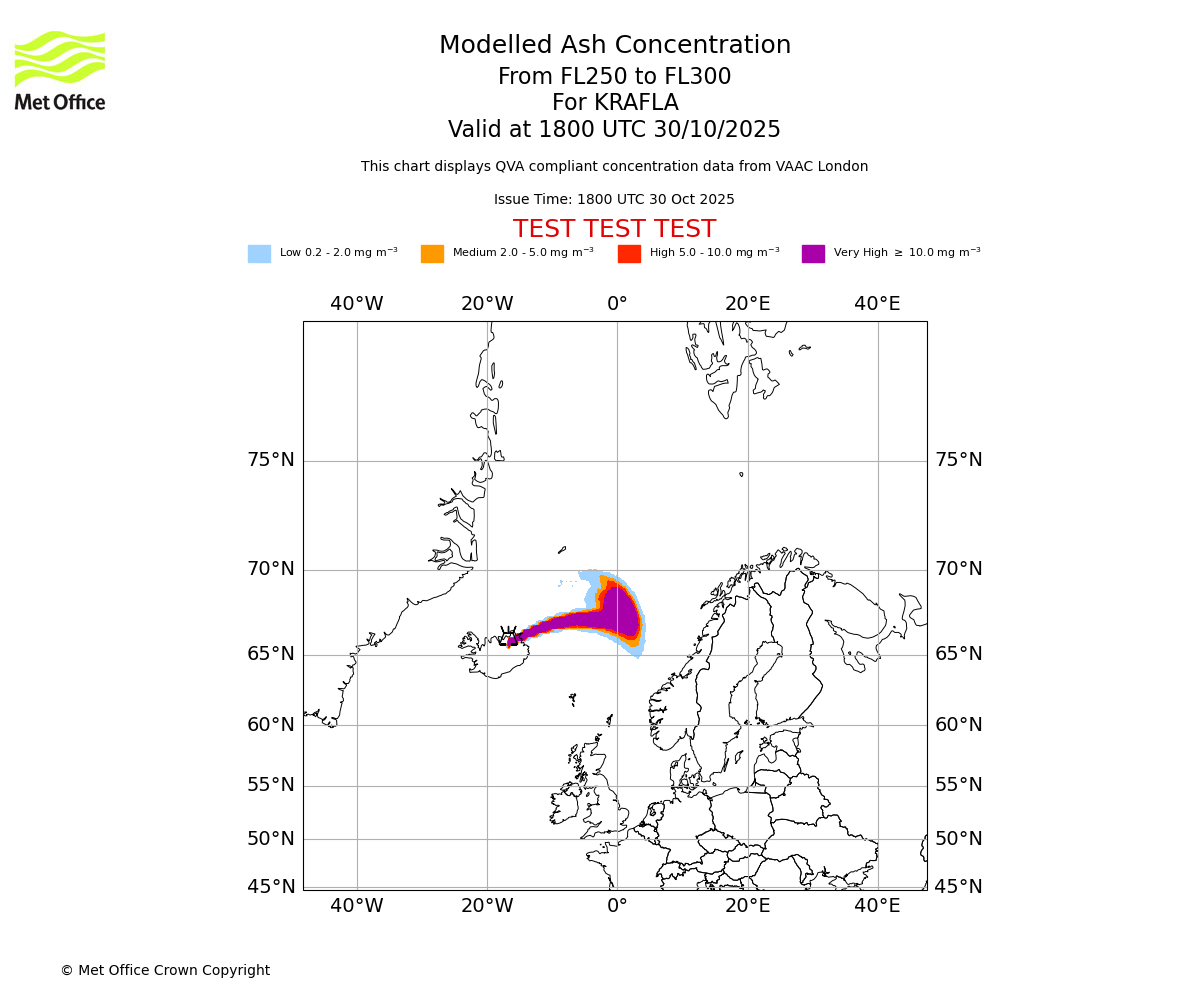 Modelled ash concentration from 250 to 300 for KRAFLA. Valid at 1800 UTC 30/10/2025