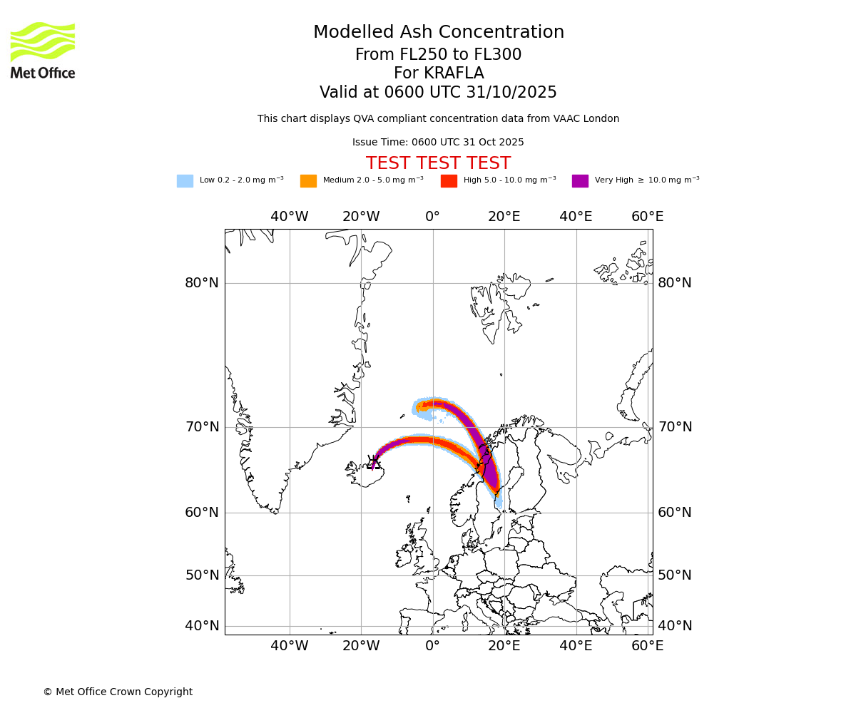 Modelled ash concentration from 250 to 300 for KRAFLA. Valid at 0600 UTC 31/10/2025