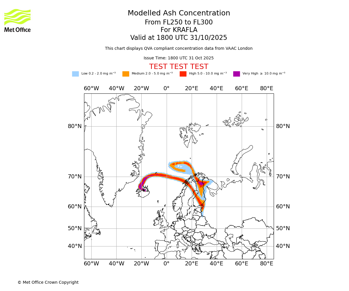 Modelled ash concentration from 250 to 300 for KRAFLA. Valid at 1800 UTC 31/10/2025
