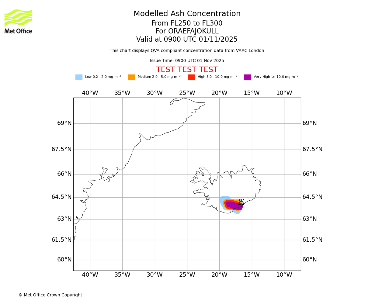 Modelled ash concentration from 250 to 300 for ORAEFAJOKULL. Valid at 0900 UTC 01/11/2025
