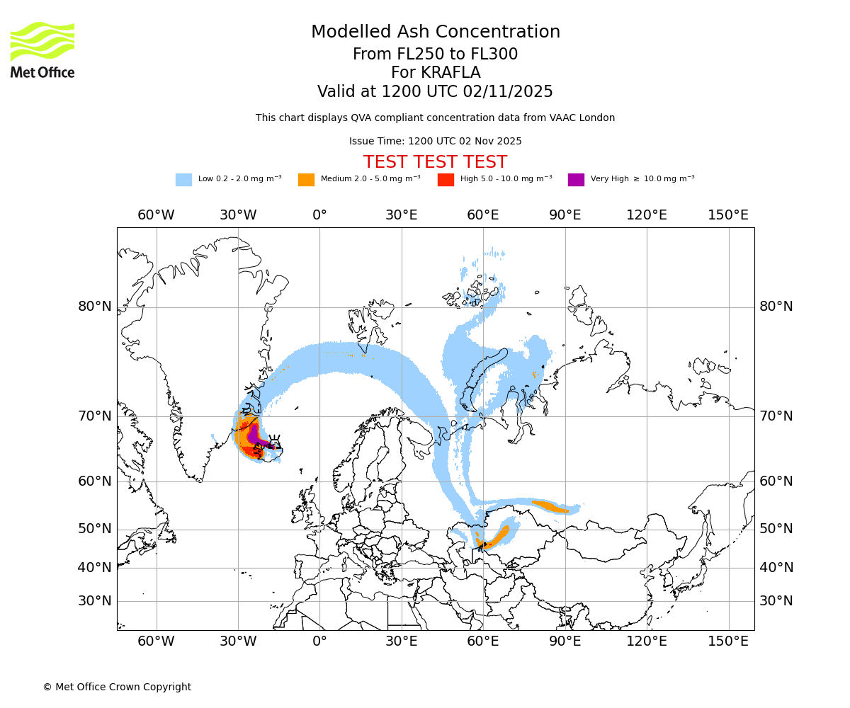 Modelled ash concentration from 250 to 300 for KRAFLA. Valid at 1200 UTC 02/11/2025