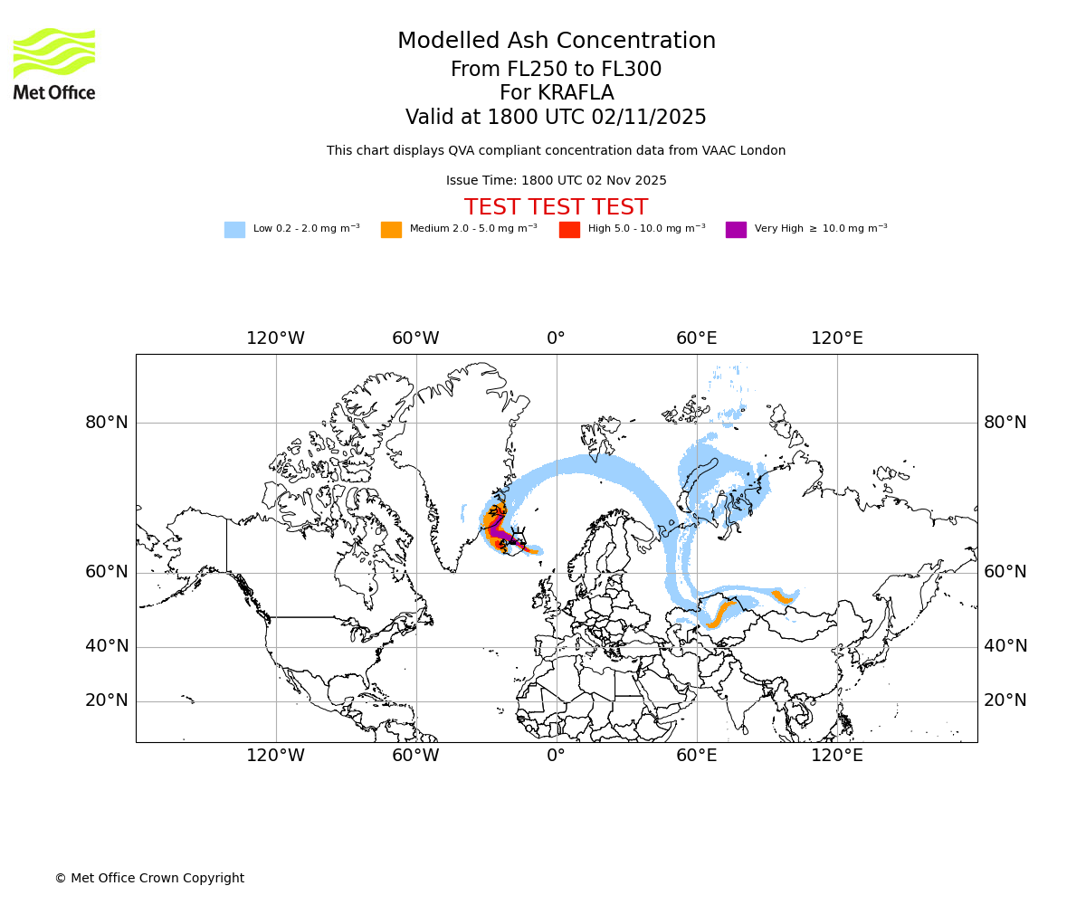 Modelled ash concentration from 250 to 300 for KRAFLA. Valid at 1800 UTC 02/11/2025