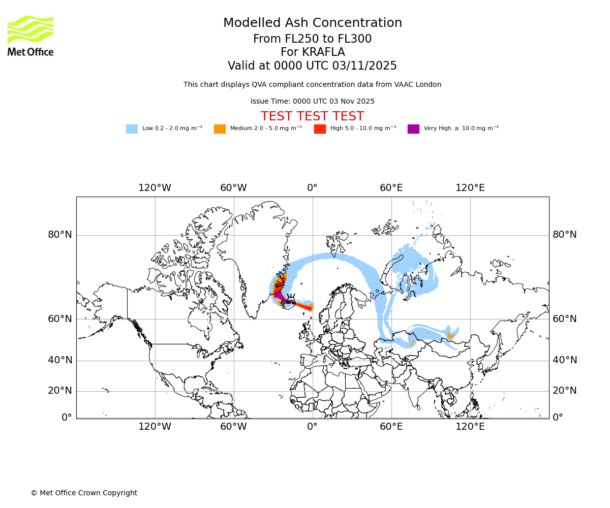 Modelled ash concentration from 250 to 300 for KRAFLA. Valid at 0000 UTC 03/11/2025