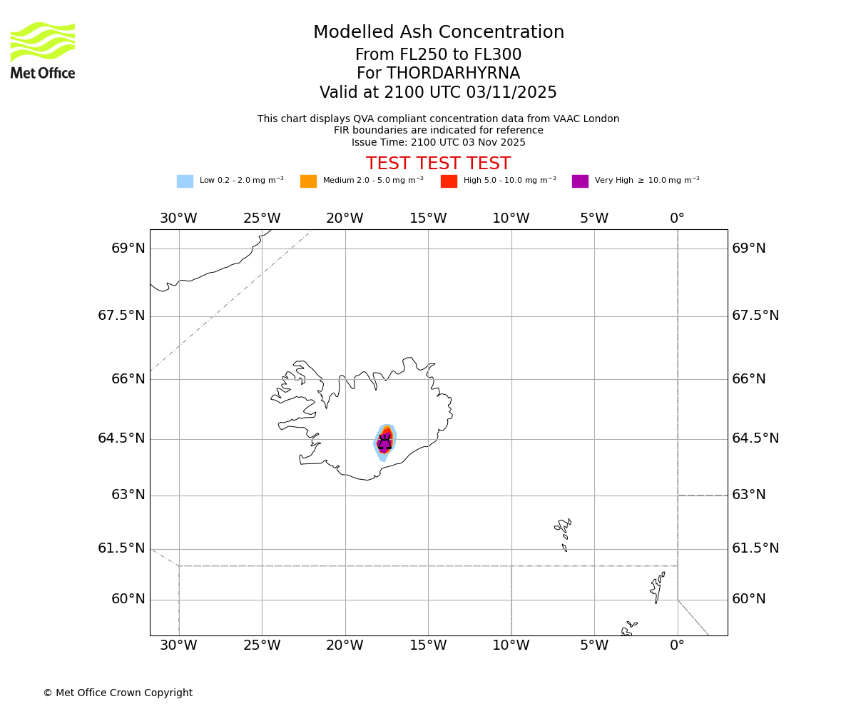 Modelled ash concentration from 250 to 300 for THORDARHYRNA. Valid at 2100 UTC 03/11/2025