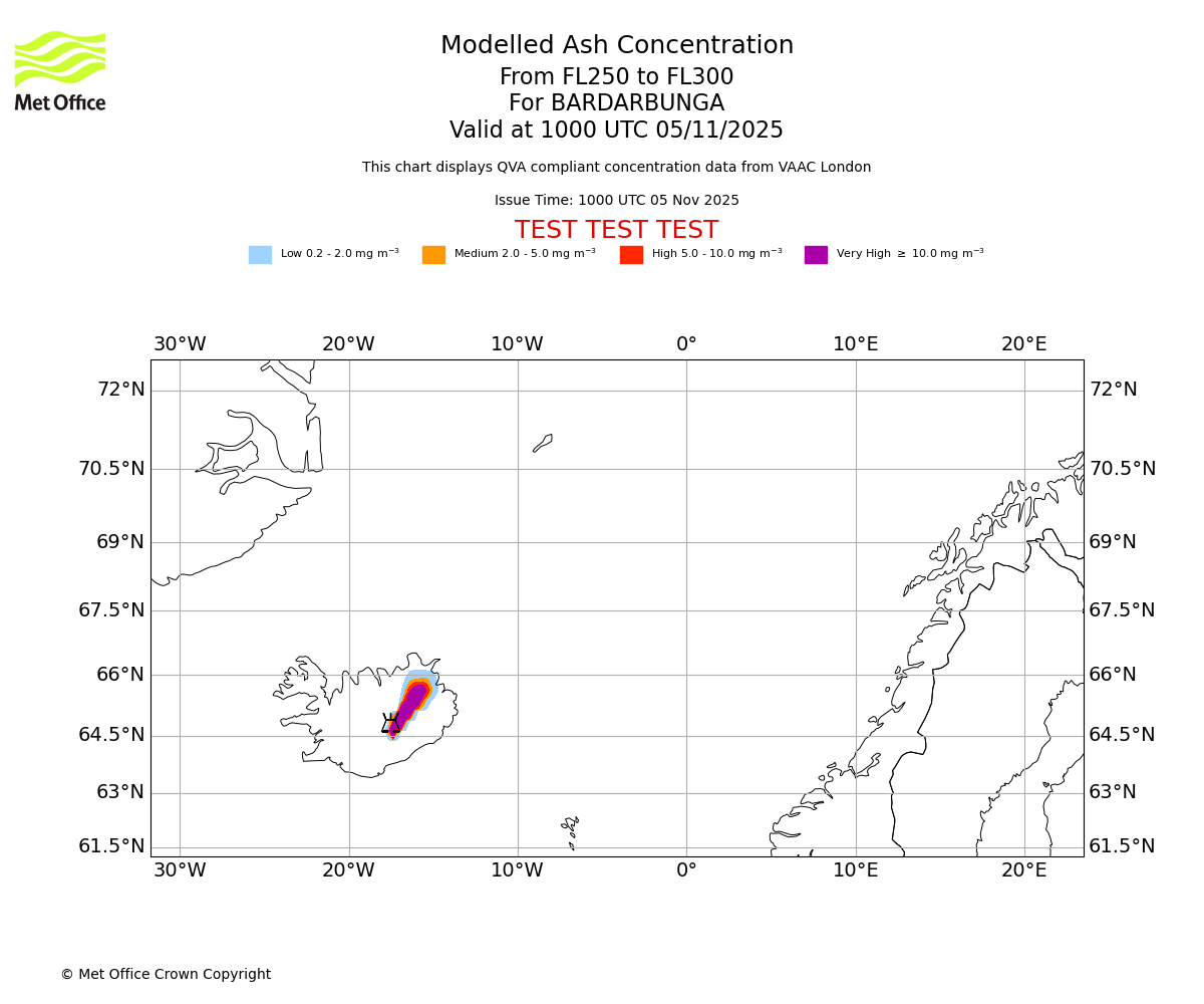 Modelled ash concentration from 250 to 300 for BARDARBUNGA. Valid at 1000 UTC 05/11/2025