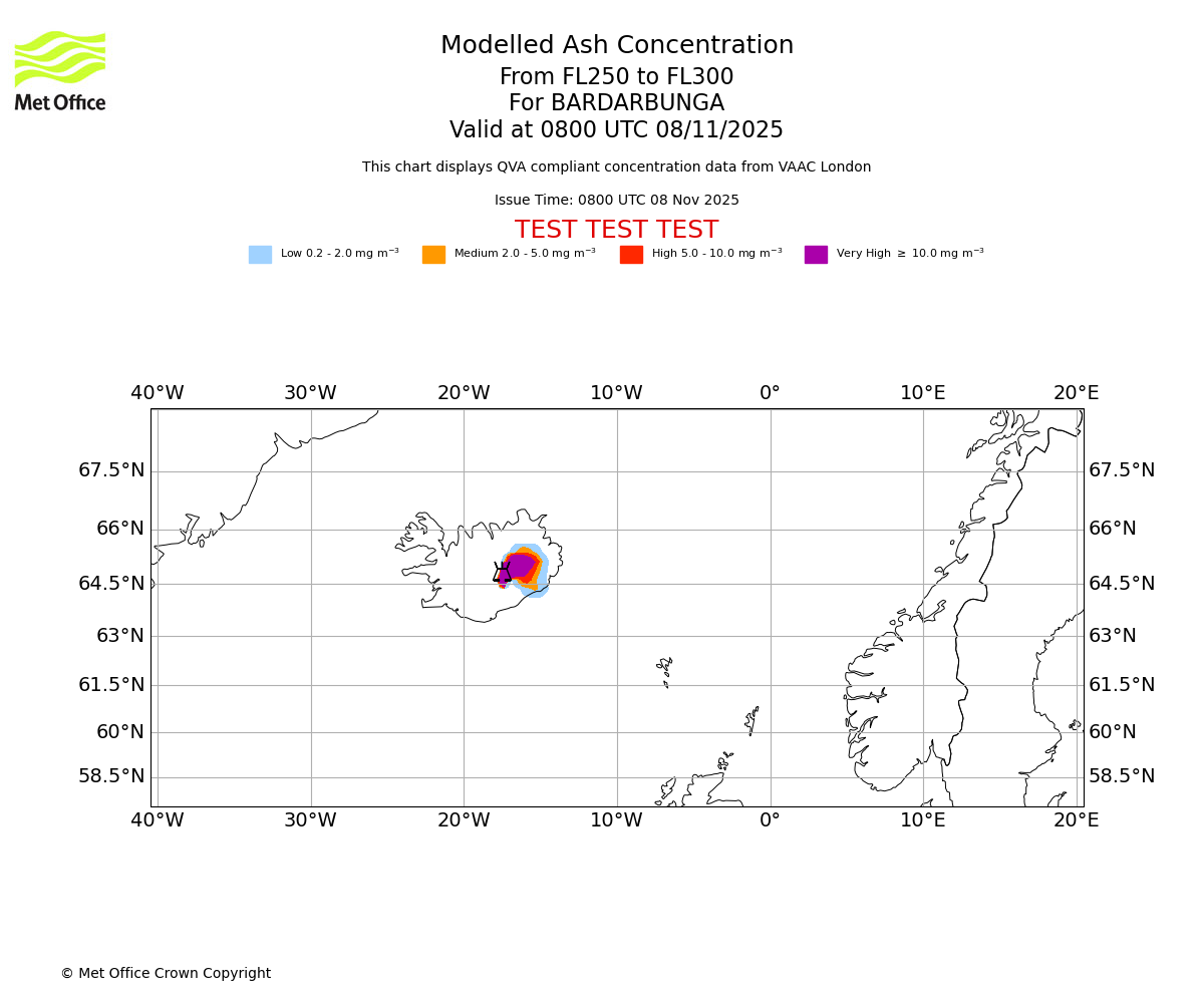 Modelled ash concentration from 250 to 300 for BARDARBUNGA. Valid at 0800 UTC 08/11/2025