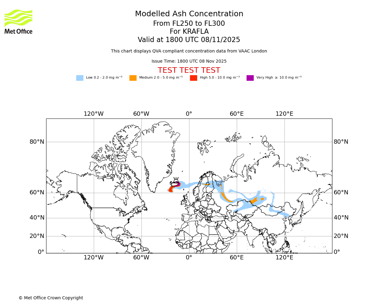 Modelled ash concentration from 250 to 300 for KRAFLA. Valid at 1800 UTC 08/11/2025