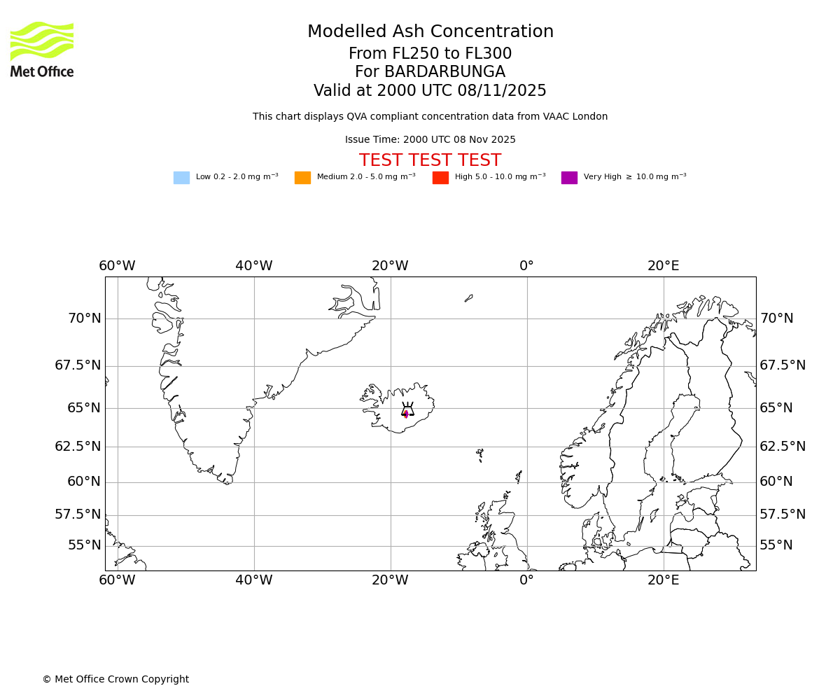 Modelled ash concentration from 250 to 300 for BARDARBUNGA. Valid at 2000 UTC 08/11/2025