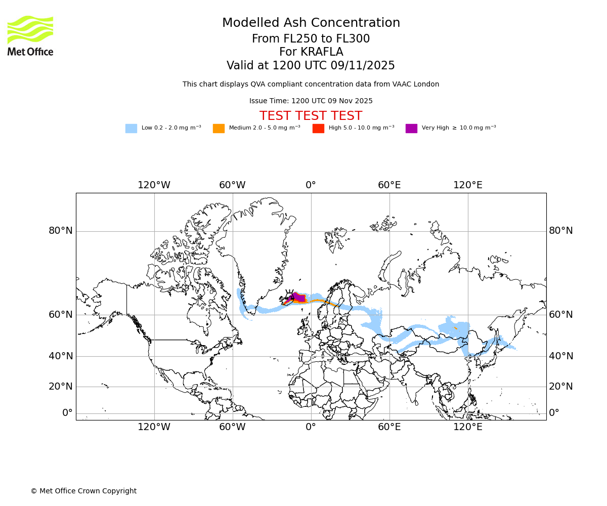Modelled ash concentration from 250 to 300 for KRAFLA. Valid at 1200 UTC 09/11/2025