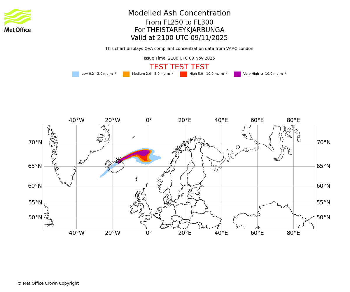 Modelled ash concentration from 250 to 300 for THEISTAREYKJARBUNGA. Valid at 2100 UTC 09/11/2025