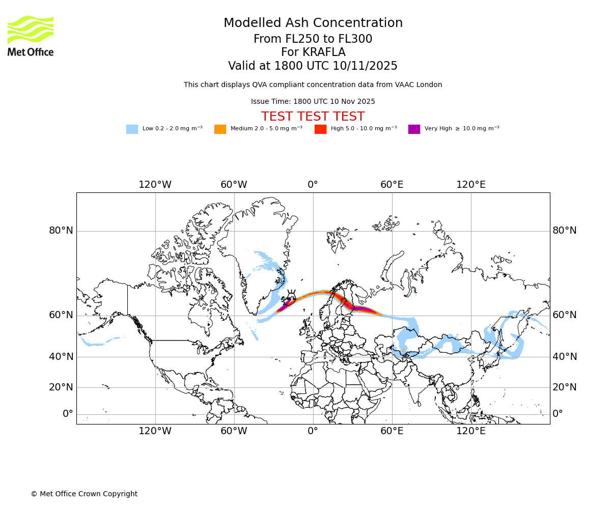 Modelled ash concentration from 250 to 300 for KRAFLA. Valid at 1800 UTC 10/11/2025