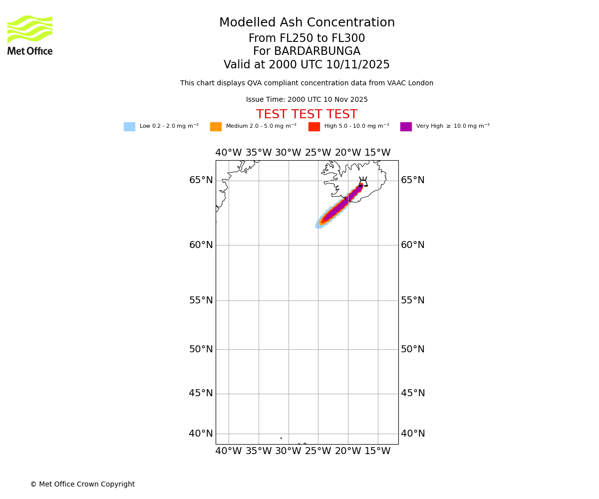 Modelled ash concentration from 250 to 300 for BARDARBUNGA. Valid at 2000 UTC 10/11/2025