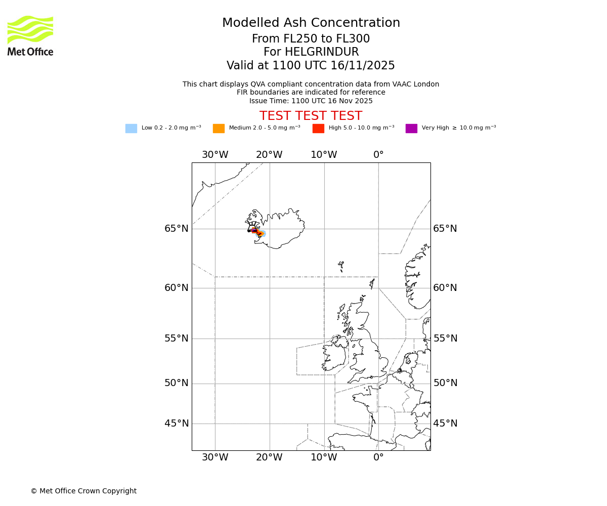 Modelled ash concentration from 250 to 300 for HELGRINDUR. Valid at 1100 UTC 16/11/2025