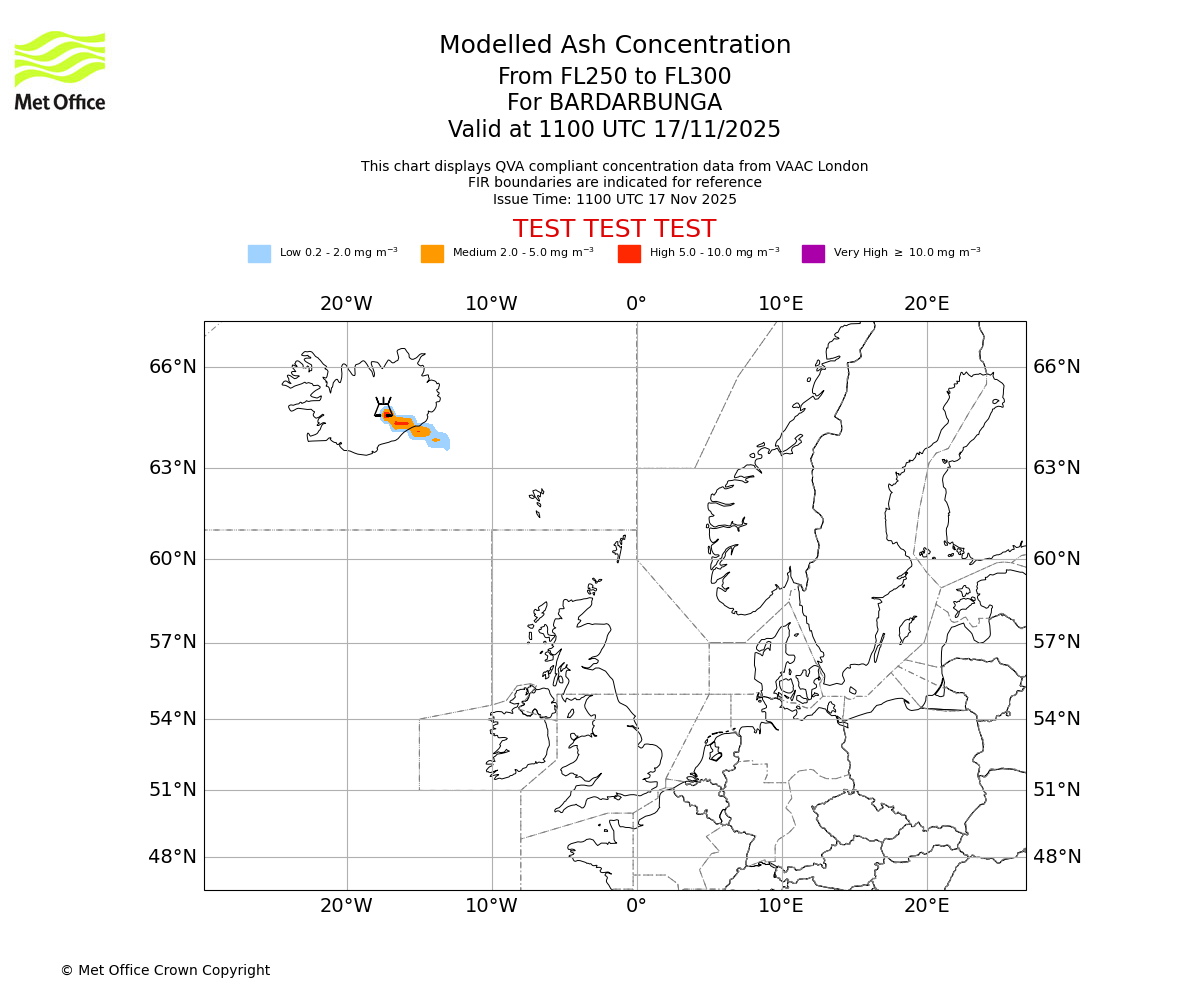 Modelled ash concentration from 250 to 300 for BARDARBUNGA. Valid at 1100 UTC 17/11/2025