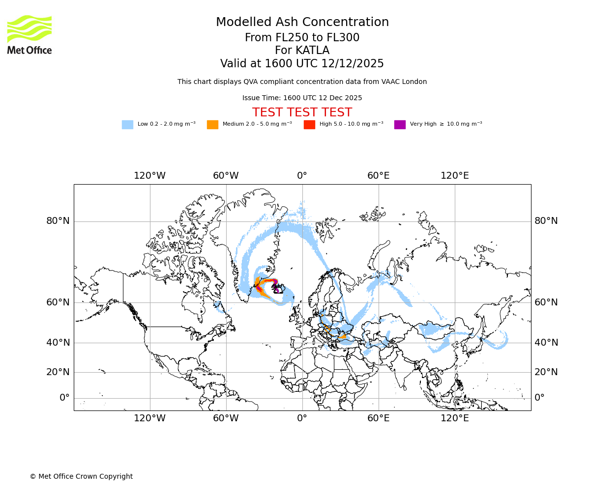 Modelled ash concentration from 250 to 300 for KATLA. Valid at 1600 UTC 12/12/2025