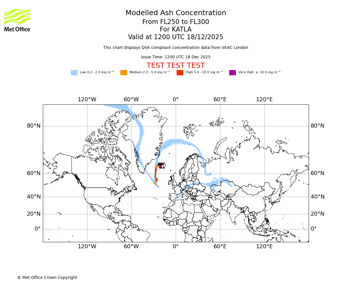 Modelled ash concentration from 250 to 300 for KATLA. Valid at 1200 UTC 18/12/2025