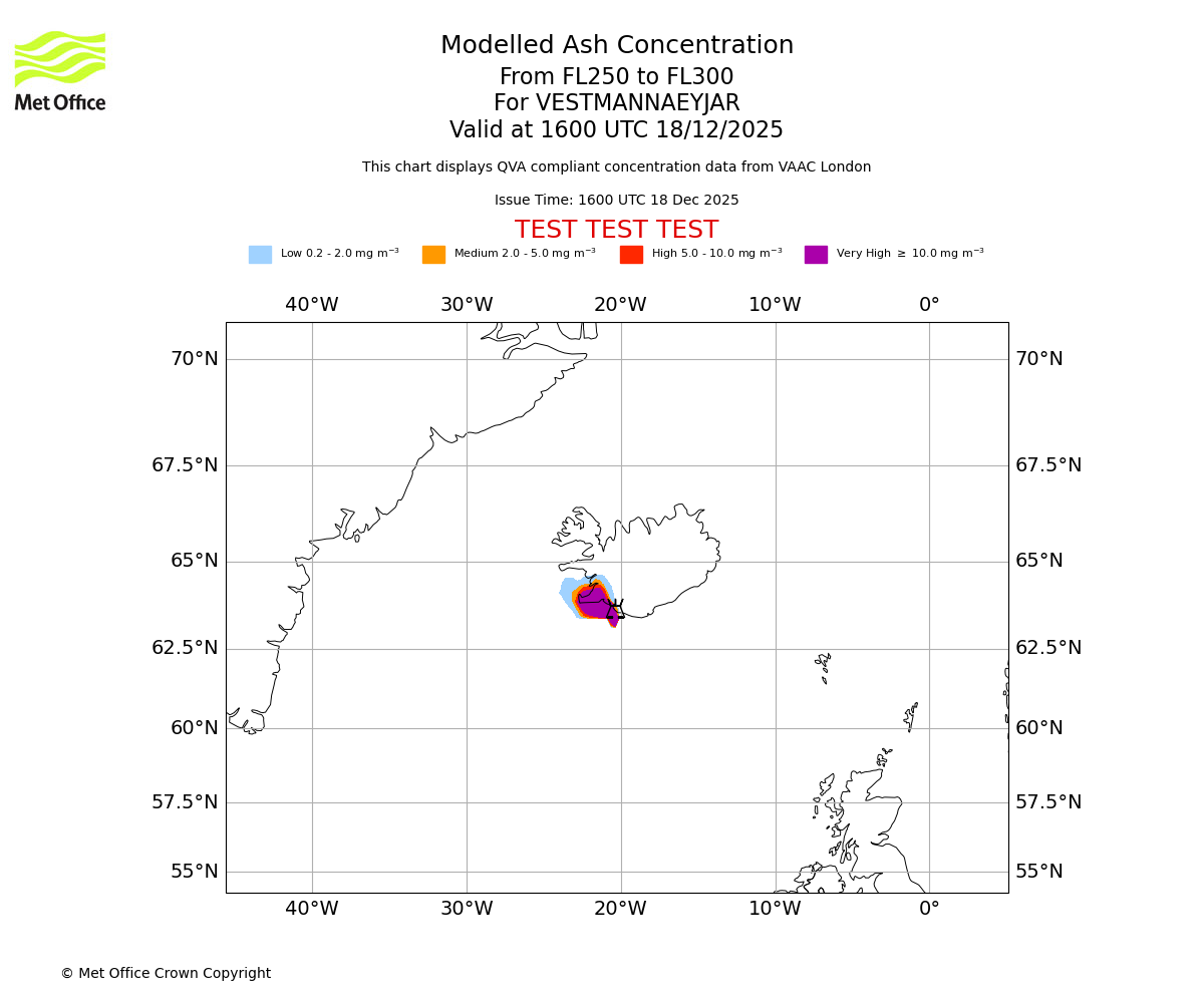 Modelled ash concentration from 250 to 300 for VESTMANNAEYJAR. Valid at 1600 UTC 18/12/2025